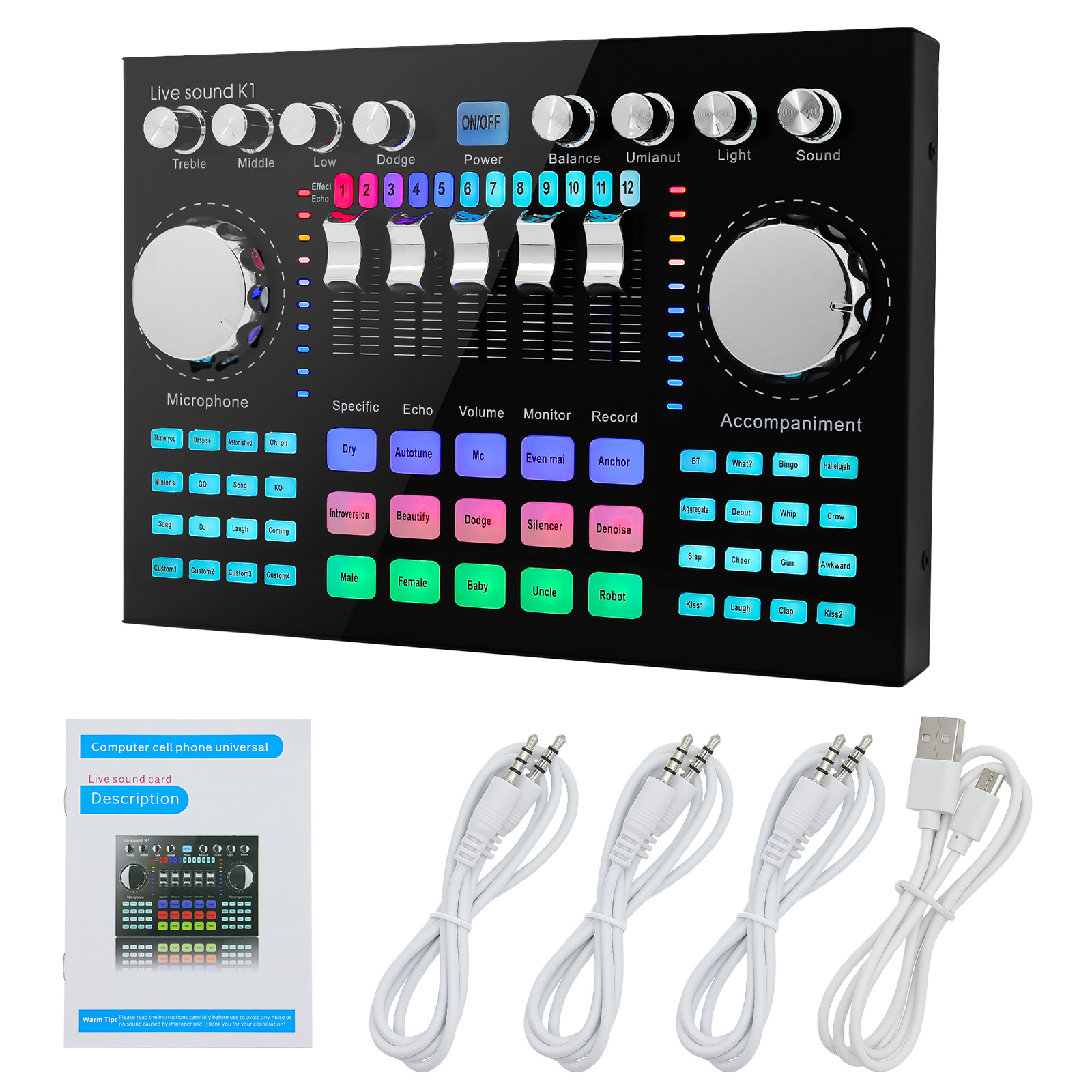 Audio Music Voice Changer - K1 Audio-Mixer Live-Soundkarte Mobiltelefon-Stimmverzerrer Karaoke für